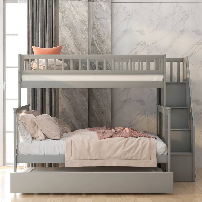 Stairway Twin Over Full Bunk Bed with Trundle and Guardrail