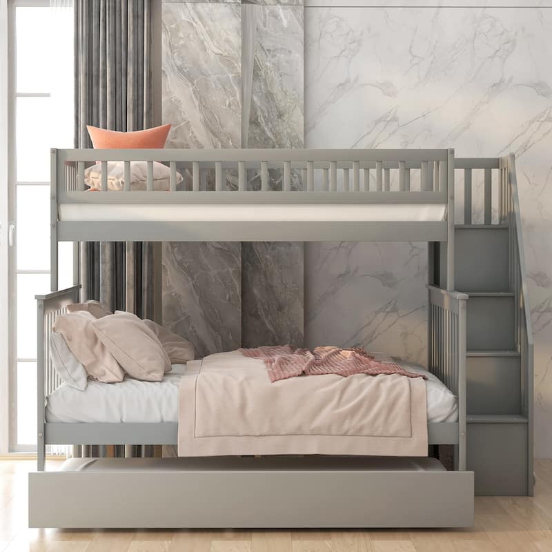 Twin Over Full Bunk Bed with Trundle and Staircase Storage, Ideal for Kids and Guests - Gray