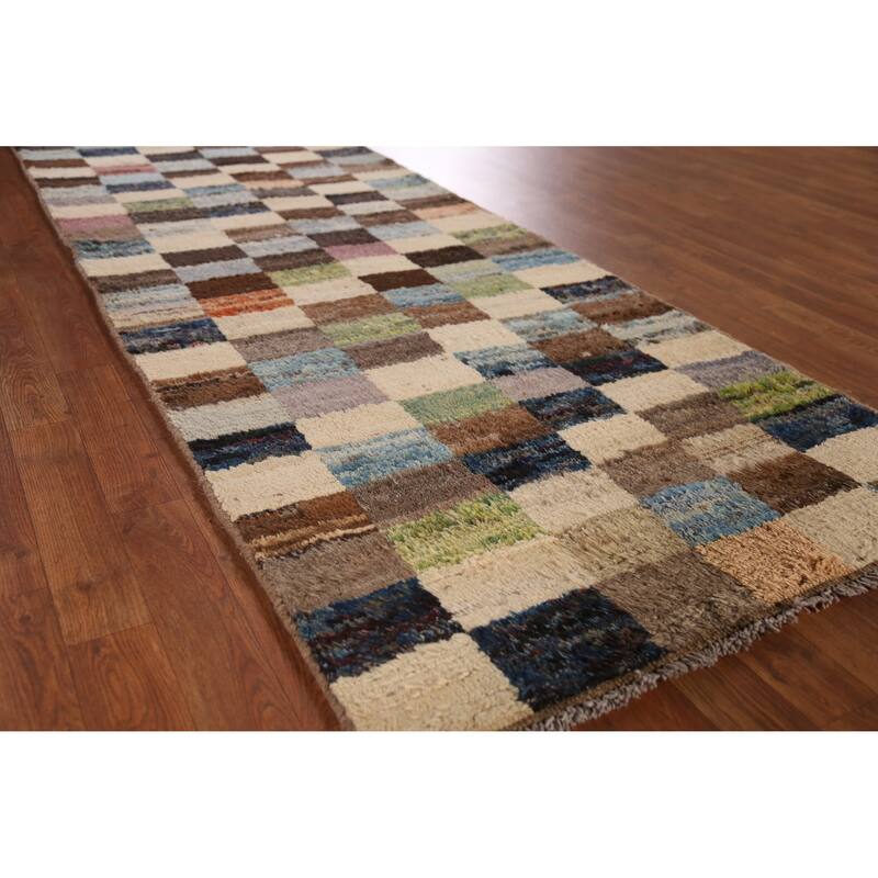 Checkered Moroccan Oriental Runner Rug Hand-Knotted Wool Carpet - 3'2" x 9'8" - 3'2" x 9'8" - Multi-Color