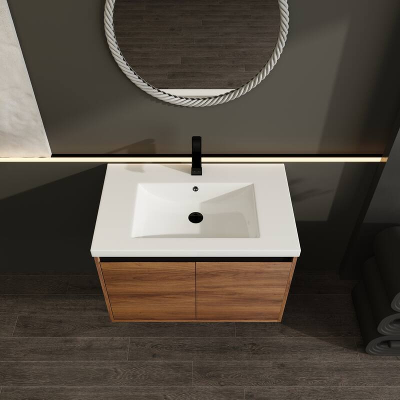 GDFStudio - Levistar Modern Wall-Mounted Bathroom Vanity Set with Scratch-Resistant Resin Sink & Soft Close Doors