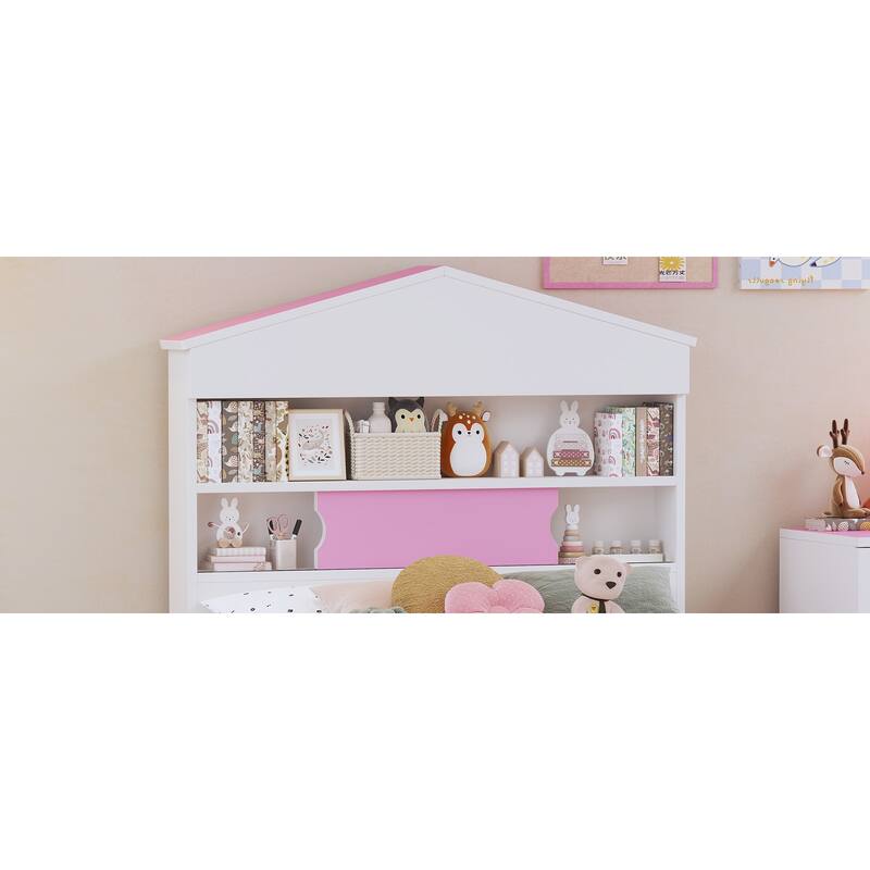 Twin Size Wood Platform Bed with Storage Shelf , Built-in Two Storage Drawers