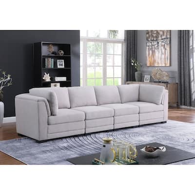 Linen Fabric Upholstered 4-Seater Modular Sofa in Light Gray and Black