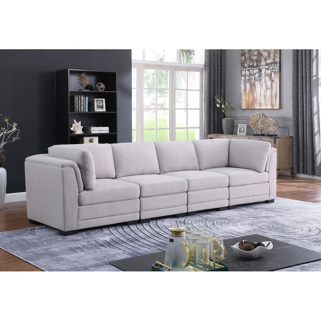 Linen Fabric Upholstered 4-Seater Modular Sofa in Light Gray and Black