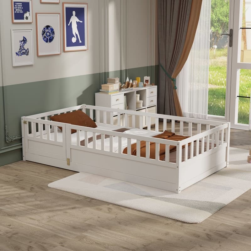 Twin Size Floor Bed with Super High Security Barrier and Door,No Support Slat