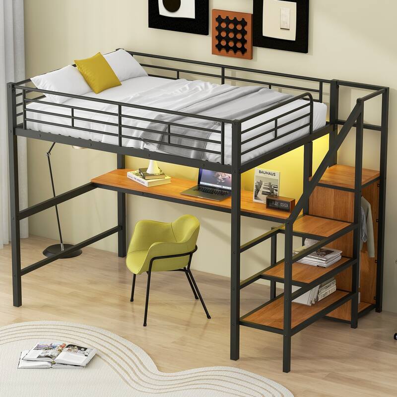 Full Size Metal Loft Bed with Desk, Storage Staircase, Wardrobe, and LED Light