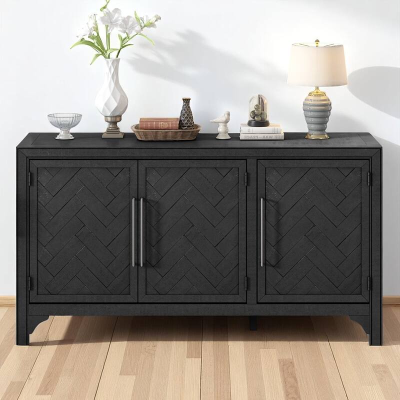 60" Storage Sideboard Cabinet with Pine Veneer, 3 Doors, Adjustable Shelves, MDF Frame for Entryway or Study Room - Black