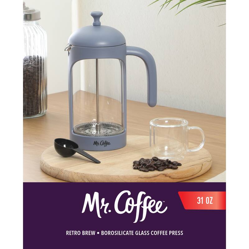 Mr. Coffee French Press Coffee Maker, 31 oz Borasilicate Glass & Frame and Plunger, Includes Coffee Scoop