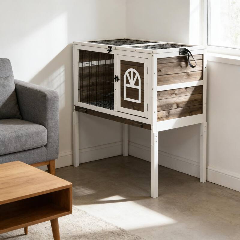 Spacious Pet House,Wood Rabbit Hutch is designed for convenient cleaning - Coffee,White
