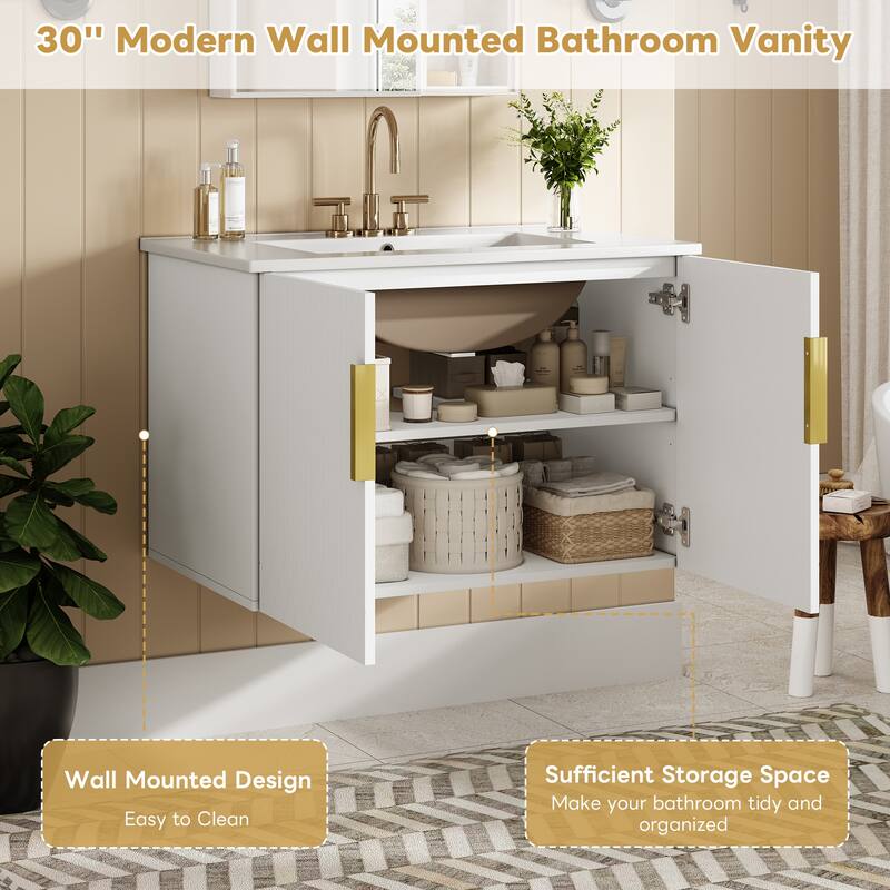 GDFStudio - Millford Modern Bathroom Vanity with Ceramic Sink, Adjustable Storage & 2 Soft Closing Doors - 30'W