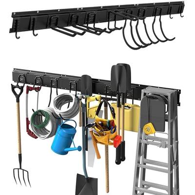 Tool Storage Rack, 14 Piece & 12 Piece Garage Organizer, Metal, Wall Mounted, Holder for Broom, Mop, Rake Shovel & Tools