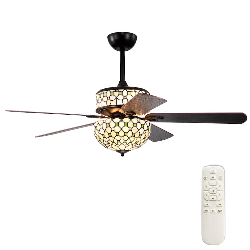 Guarvey 52-Inch Flushmount Two-Tiered Lighted Ceiling Fan Ivory Tiffany Glass Lamp Black Finish - Ivory