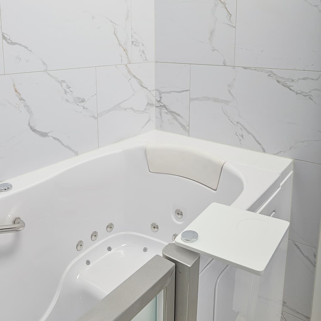 Elite 30" x 52" Acrylic Air and Hydro Massage Walk-In Tub, Inswing Door, Fast Fill Faucet, 2" Dual Drain, Carrara Wall Surround
