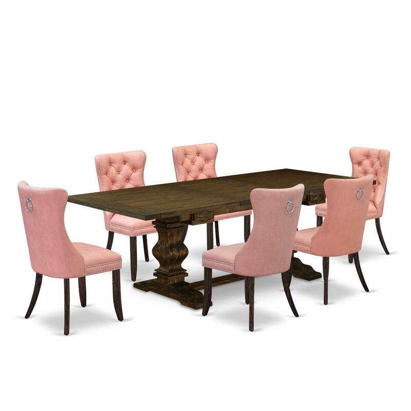 Modern 7 Piece Dining Set - Rectangle Table with Leaf & 6 Upholstered Chairs