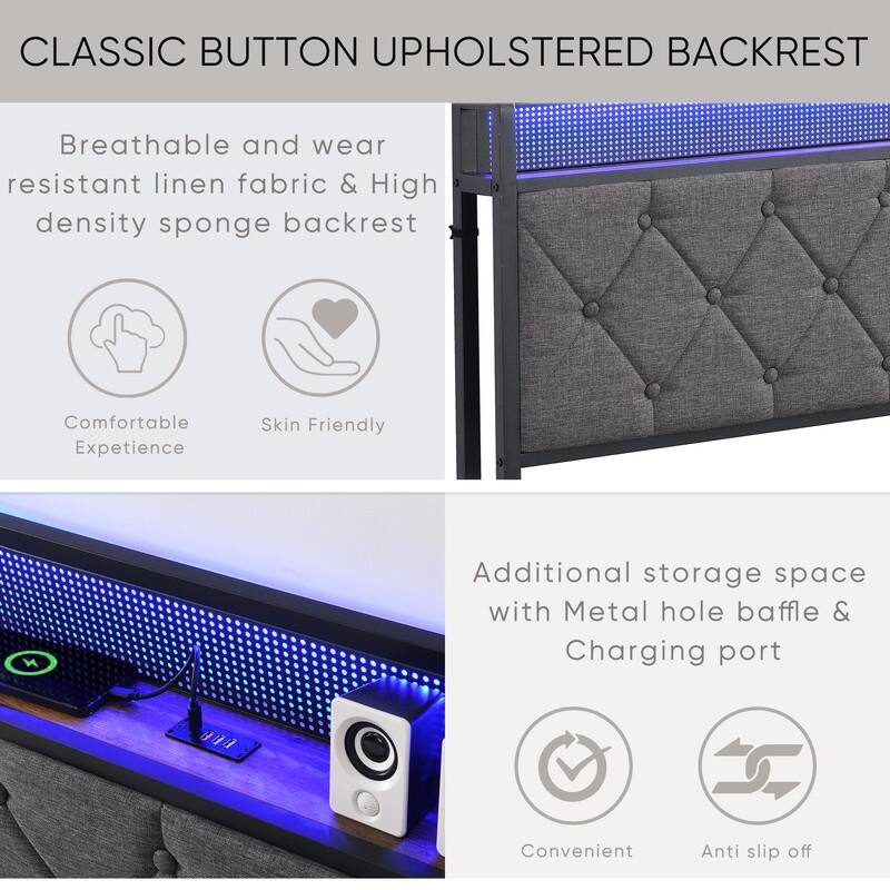 Upholstered Platform Bed with Storage Headboard, Metal Bed Frame with Charging Station and LED Lights,3 Sizes