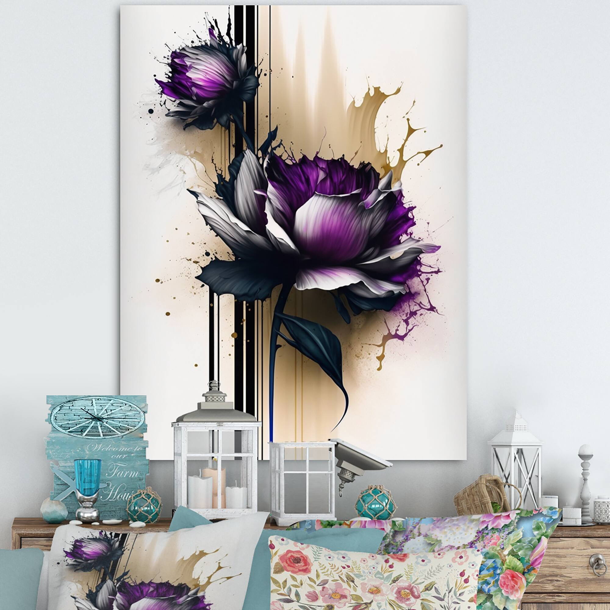 Designart 'Purple Dahlia Flower On Abstract Paint II' Floral ...