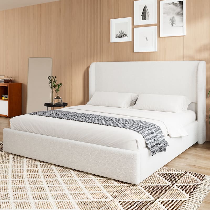King/Queen Size Boucle Upholstered Cloud Bed Frame with Headboard, Solid Wood Legs - No Box Spring Needed