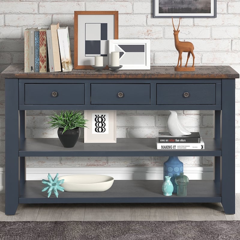 48'' Solid Pine Wood Top Console Table, Modern Entryway Sofa Side Table with 3 Storage Drawers and 2 Shelves