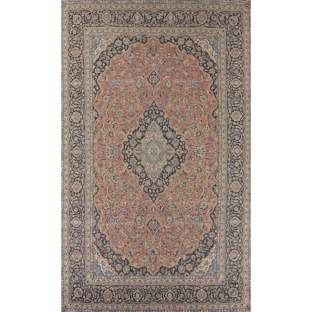 Pink Kashan Persian Large Vintage Area Rug Handmade Wool Carpet - 9'6" x 15'7"