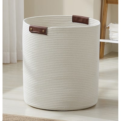 Large Cotton Rope Storage Basket Laundry Hamper Woven Basket with Leather Handles -16 x 18 - 16" x 16" x 18"