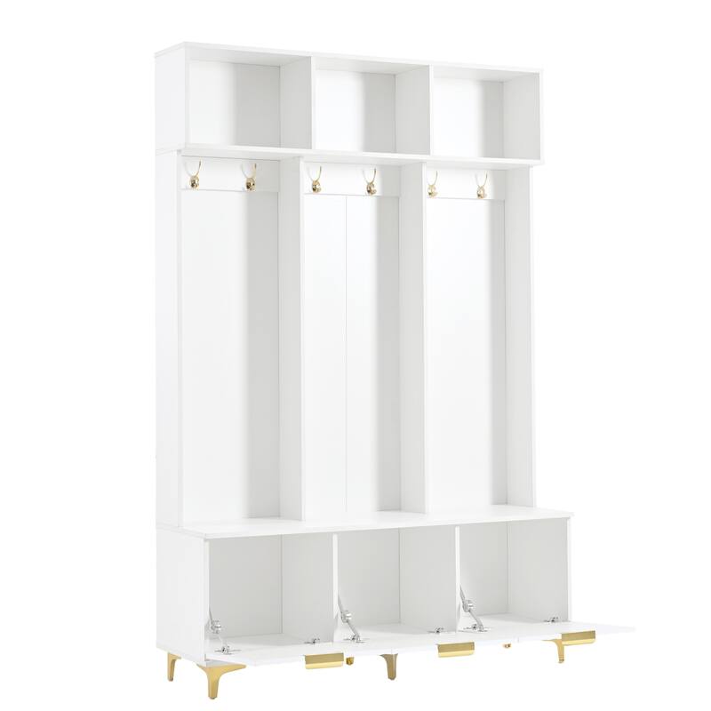 Large Storage Hall Tree with 6 Gold Hooks, Wood Storage Bench with Fluted Doors & Coat Rack for Entryway, Living Room