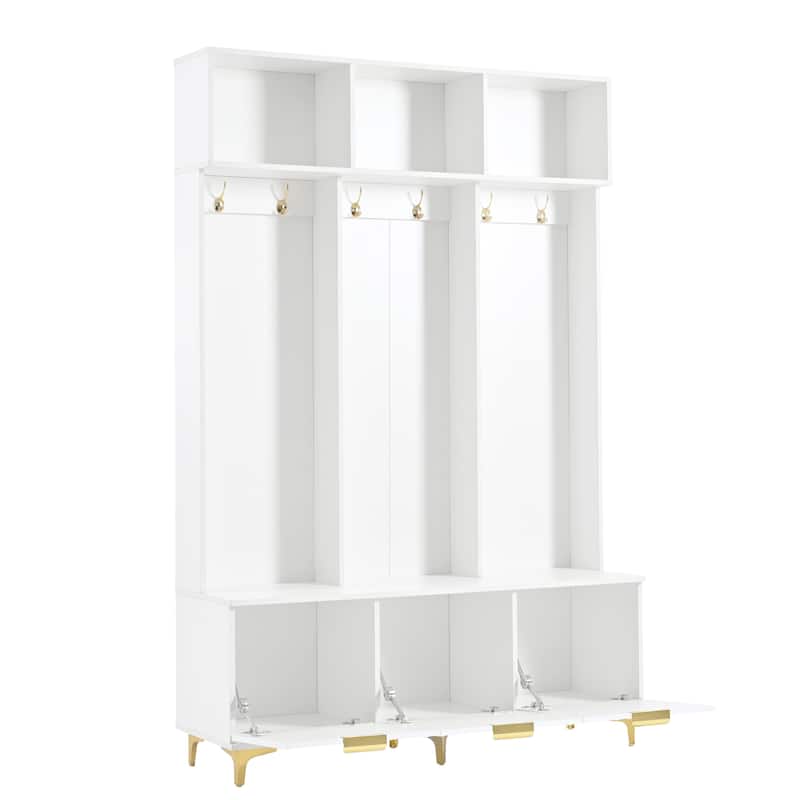 Roomfitters Modern Hall Tree with Storage Bench, Entryway Organizer with High Gloss Fluted Doors and 6 Gold Coat Hooks