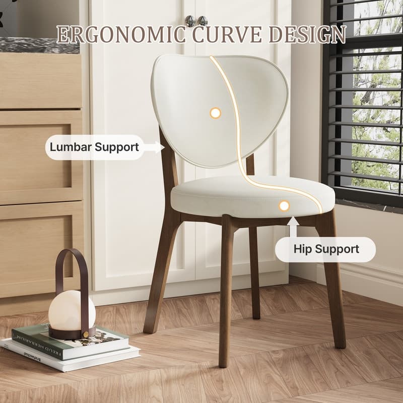 Mid-Century Modern Beige PU Leather Dining Chairs, Fully Assembled with Solid Wood Legs