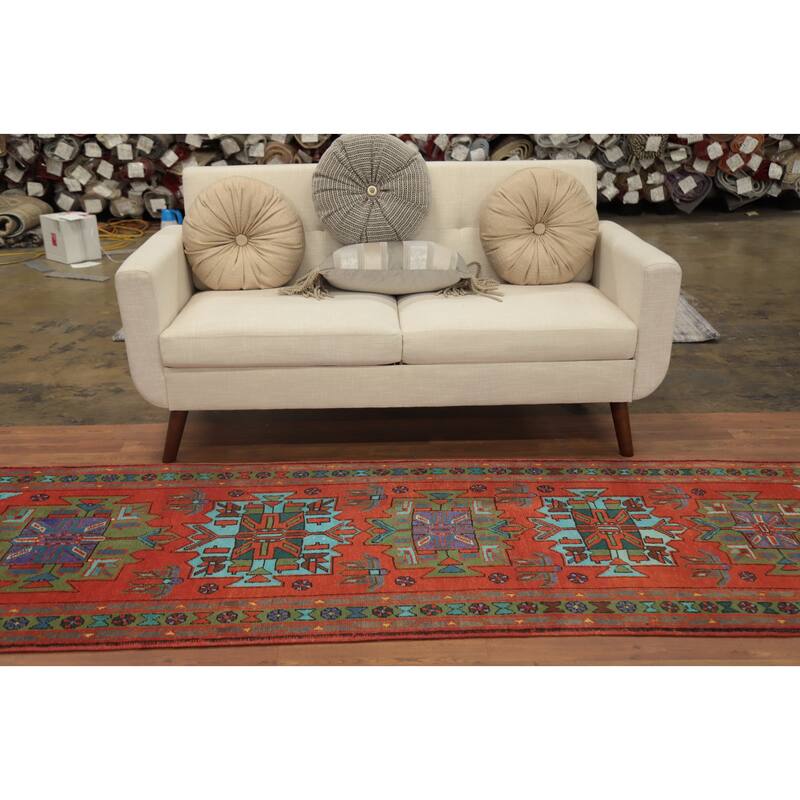 Hand Knotted Oriental 100% Wool Carpet Traditional Geometric Oranges & Rust Heriz Runner Rug - 9' 10'' X 3' 1''