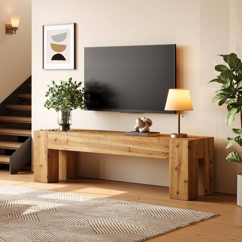 63" Extra Long Solid Wood TV Stand, Heavy Duty Media TV Consoles Table - Oak