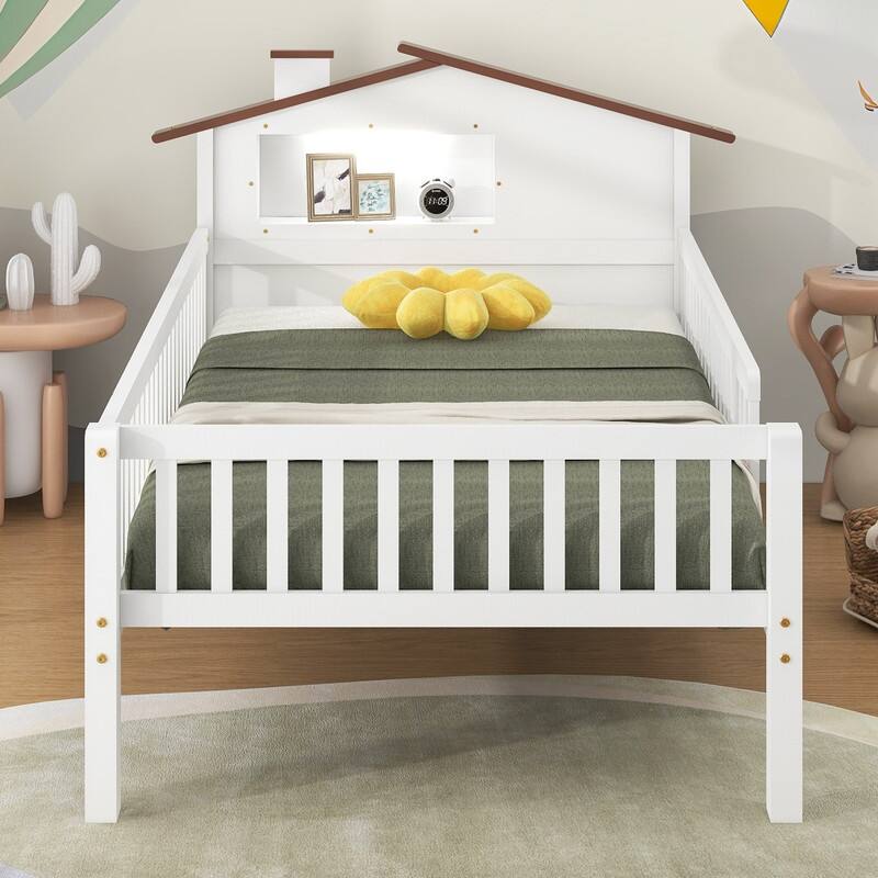 Twin Size Wood Platform Bed with House-shaped Headboard, LED and Built-in Storage