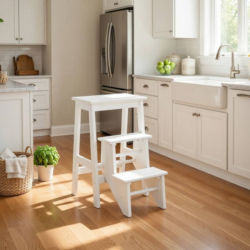 24 Inch 3 Level Step Stool, Plank Tops and Safety Latch, Classic White Wood