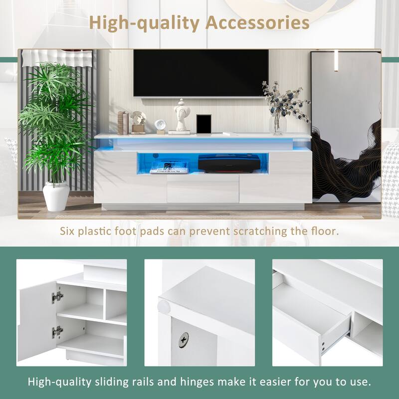White Modern TV Stand with Plugin Color Changing LED Lights, High