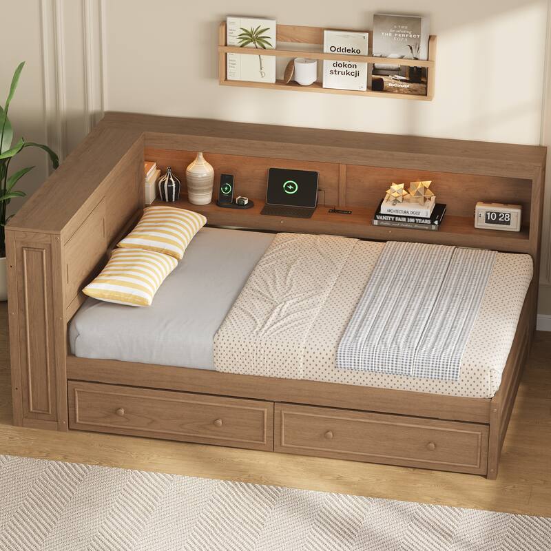 Full Size Wood Daybed with Storage Shelves, 2 Drawers, USB Ports & LED Lighting