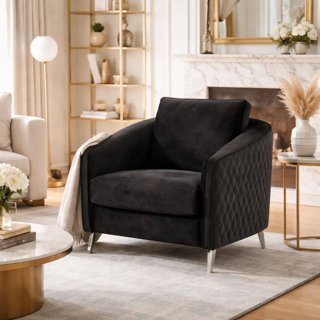 Hida 36 Inch Modern Accent Armchair, Crisp Diamond Stitching, Black Velvet