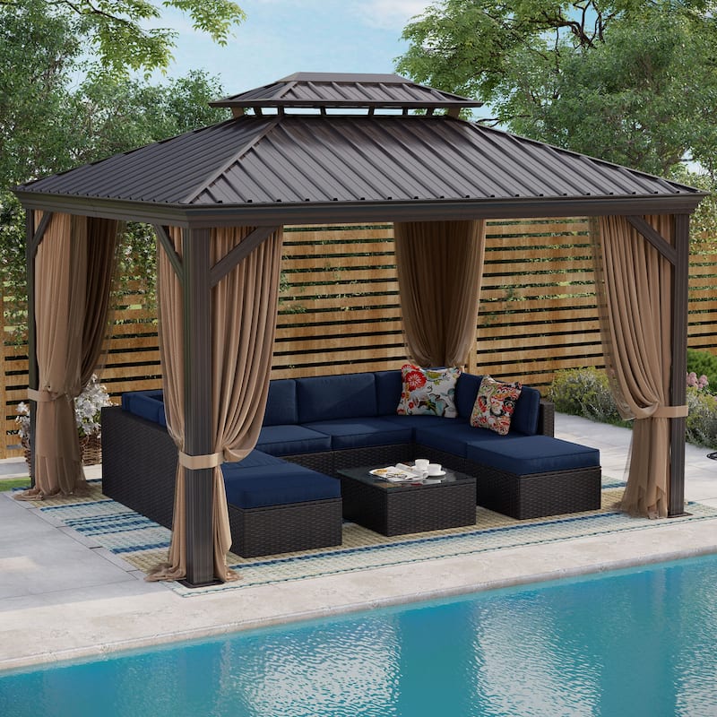 MAISON ARTS 12X16 FT Hardtop Aluminum Permanent Gazebo Double Roof Canopy with Netting & Curtains - 10X12FT