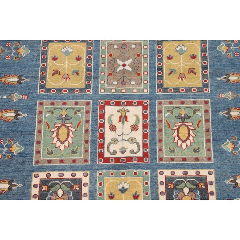 Blue Geometric Kazak Area Rug Hand-Knotted Wool Carpet - 4'2" x 5'11"
