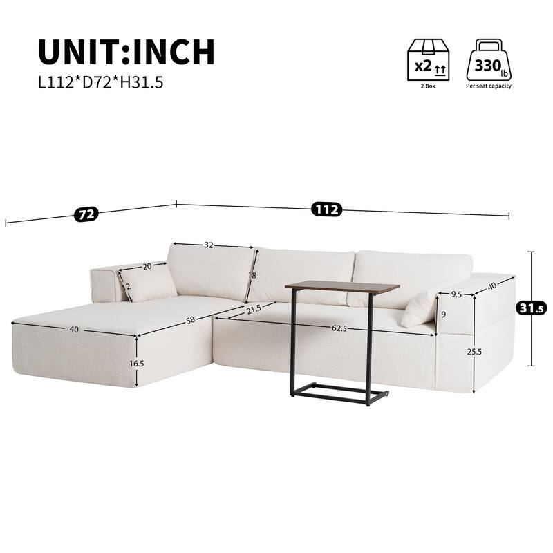 L-Shaped Sofa Modular Sectional Sofa w/Side Table, Wide Seat, Chaise