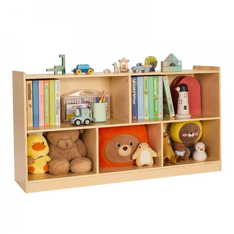 Brown Wooden Montessori Bookshelf with 5 Compartments and Top Shelf - 44.88 x 11.81 x 24.02 in