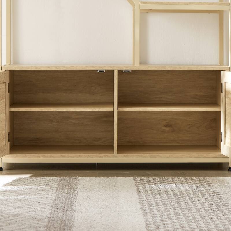 Rattan Bookshelf Storage Rack with Cabinet and 7 Open Display Shelves