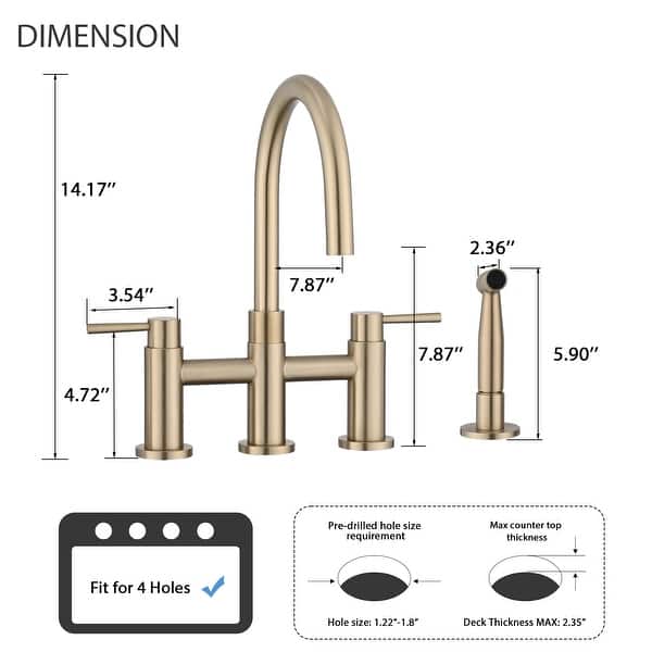 dimension image slide 1 of 3, PROOX Double Handle Bridge Kitchen Faucet with Side Sprayer