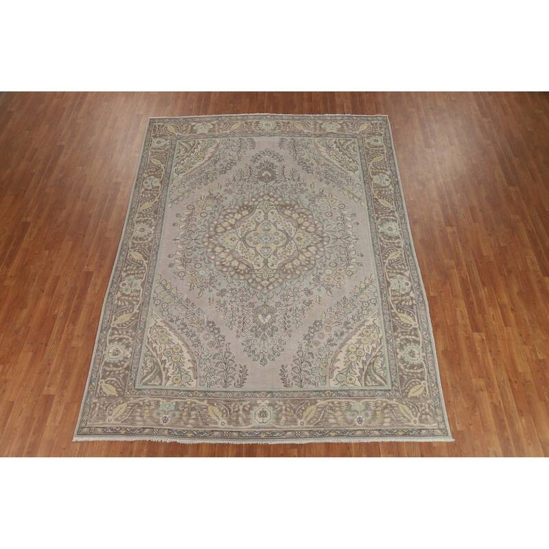 Gray Medallion Tabriz Persian Vintage Rug Hand-Knotted Wool Carpet - 7'10" x 10'9"
