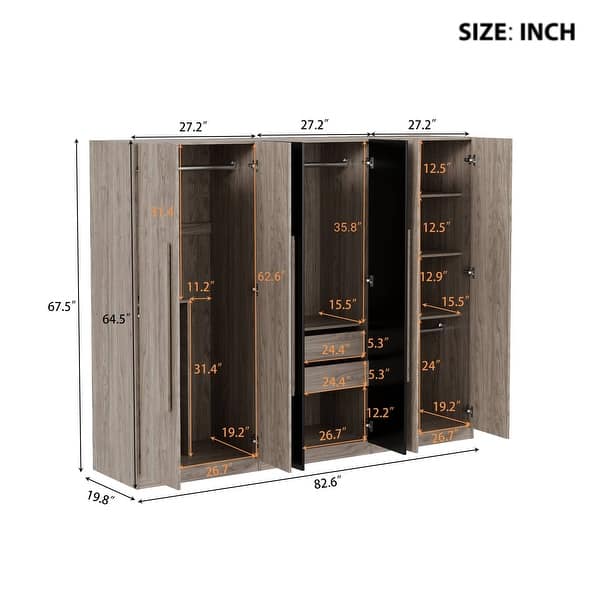 Modern 6-Door Wardrobe Closet with 4 External Drawers, 2 Internal ...