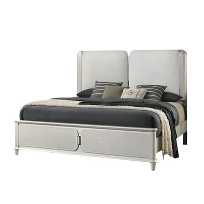 Boucle Upholstered Queen Bed with LED Light in Light Gray and Pearl White