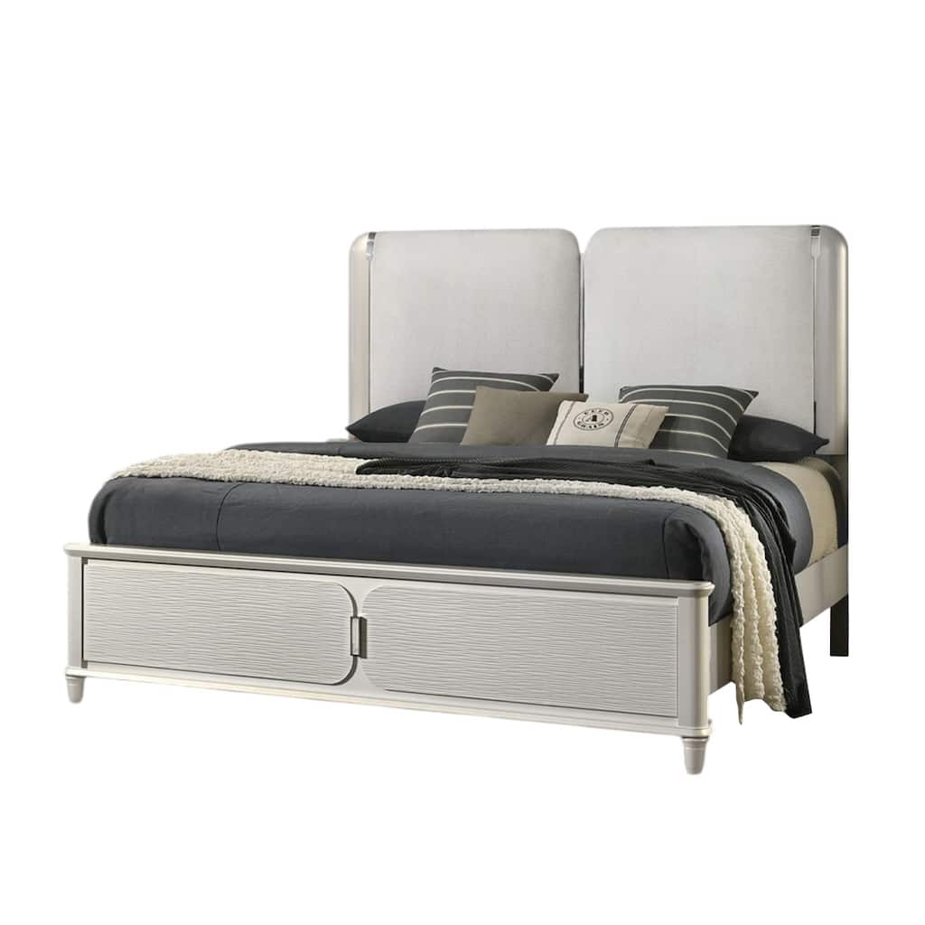 Boucle Upholstered Queen Bed with LED Light in Light Gray and Pearl White