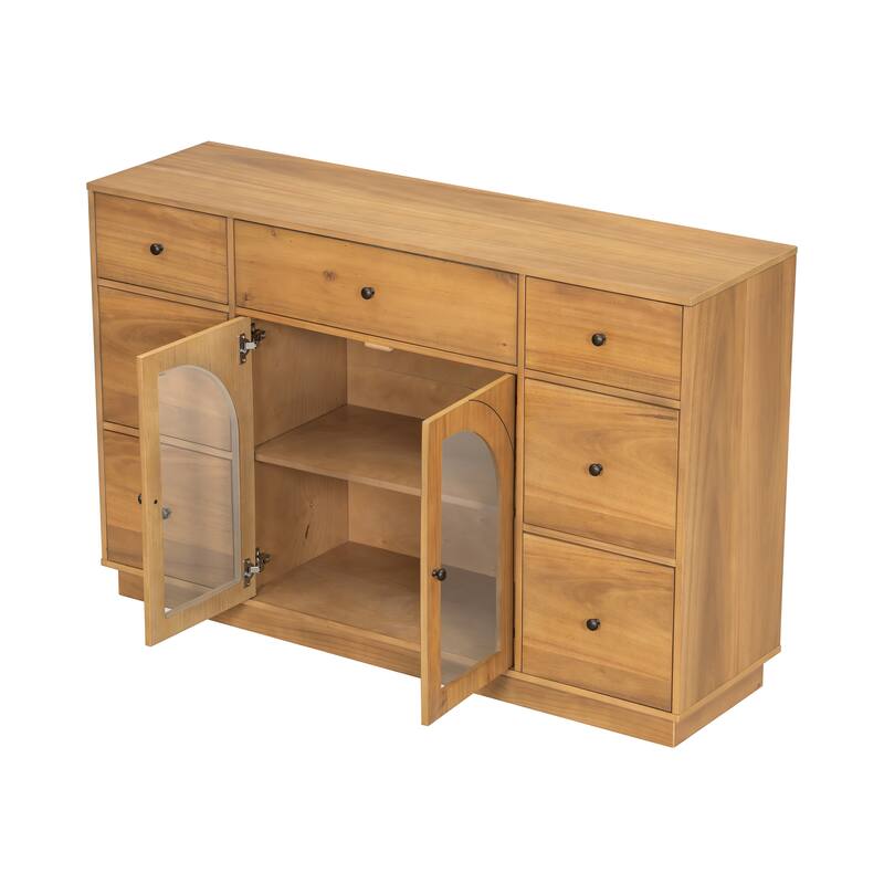 Cabinet with 2 Doors & 7 Drawers, Multi-Functional Wood Storage Cabinet, Entryway Accent Cabinet with Adjustable Shelves