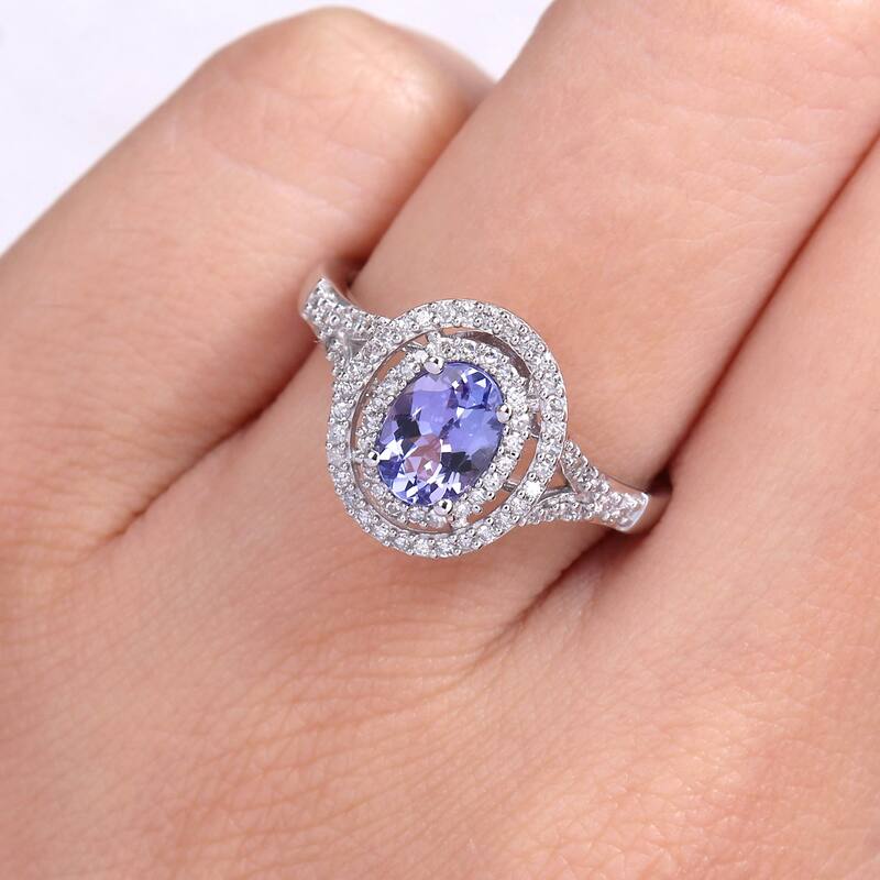Miadora 10k White Gold Tanzanite and 1/4ct TDW Diamond Double Halo Split Shank Ring