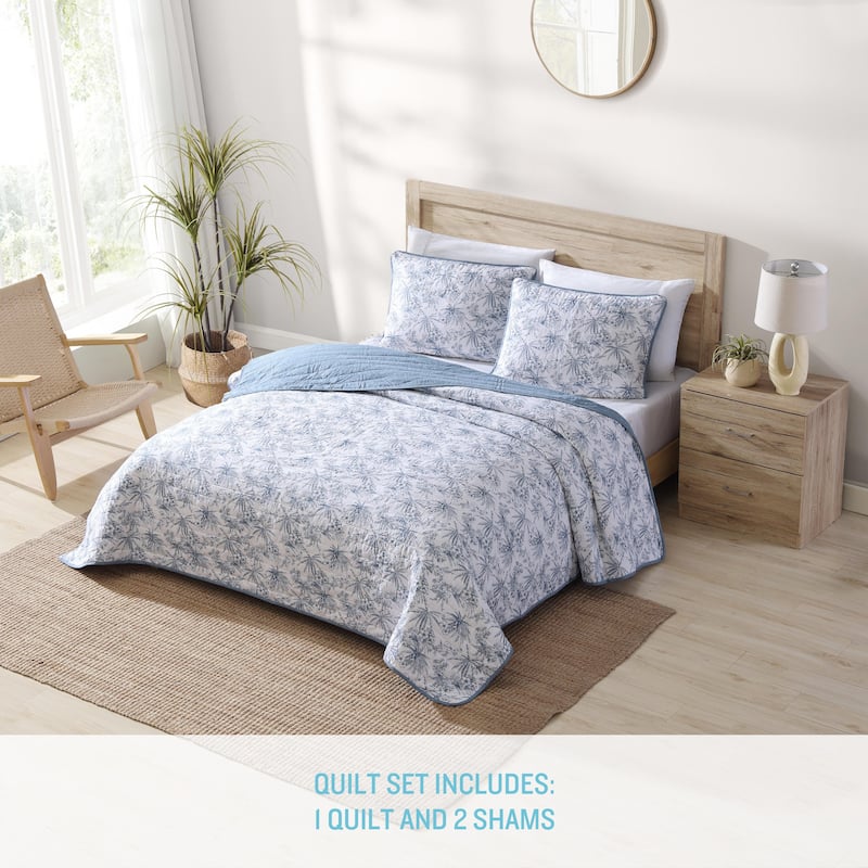 Tommy Bahama Pen And Ink Palm Cotton Reversible Blue Quilt Set