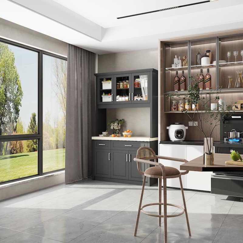 Grey Kitchen Cabinet: Ample Storage with Glass - door Display and Drawers Pantry Buffet