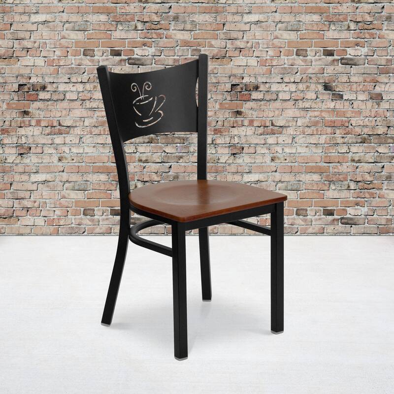 2 Pack Coffee Back Metal Restaurant Chair - 17.25"W x 20"D x 33.25"H - cherry wood seat/black metal frame