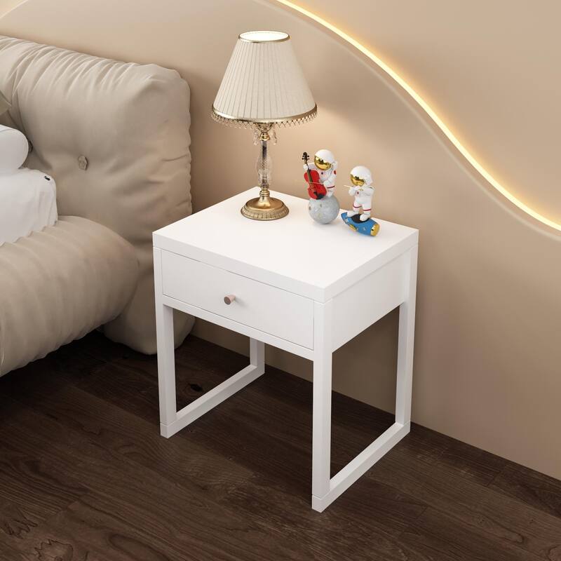 Modern White Nightstand With Drawer, Minimalist Bedside Table With Wood Knob, Compact End Table,Easy Assembly