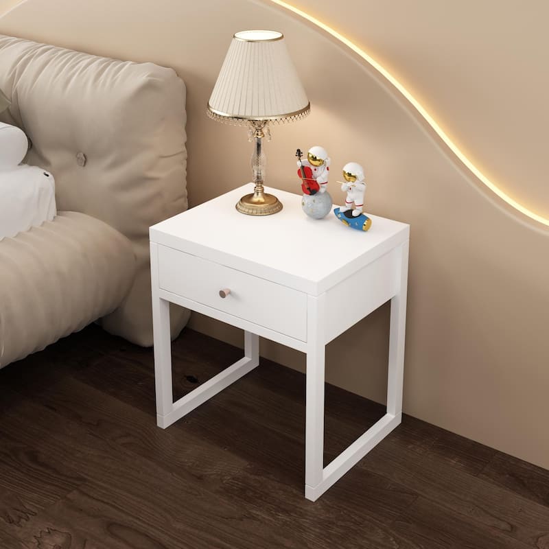 Modern White Nightstand with Single Drawer and Wood Knob, Compact Design for Small Spaces